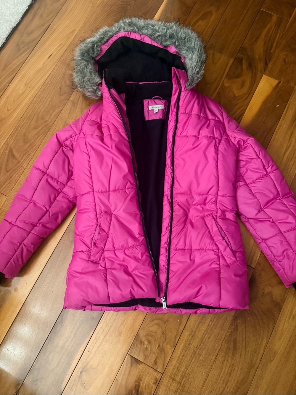 Girls' Hot Pink Calvin Klein Winter Puffer Jacket with Faux Fur Hood